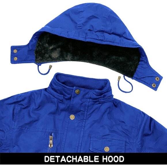 Mens Royal Blue Thick Winter Jacket Hooded Fleece Lined Cotton Military Coat - Picture 5 of 6